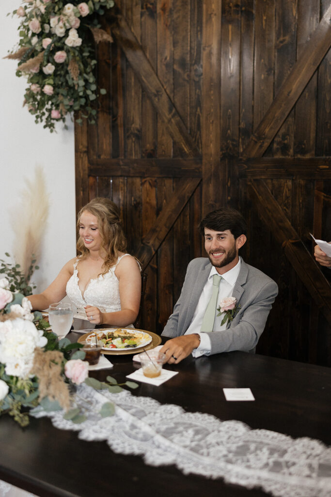 bride and groom during their wedding reception speeches