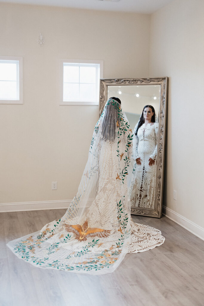 bride before heading to her boho wedding ceremony