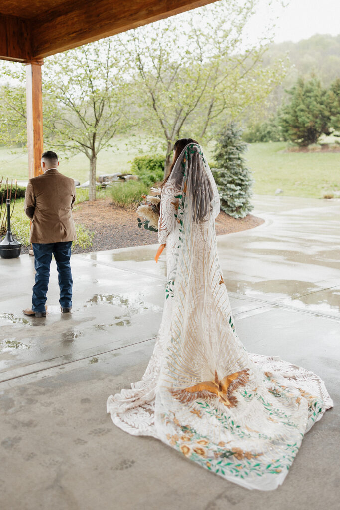 bride and groom at their first look