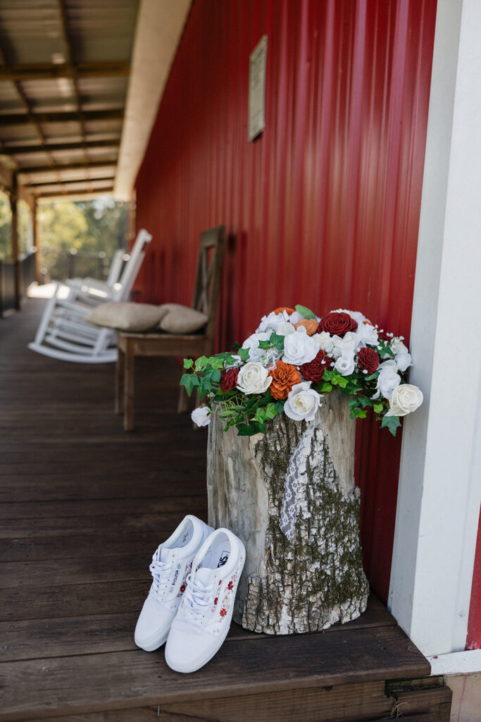 stunning closeup shot of the wedding bouquet and wedding shoes