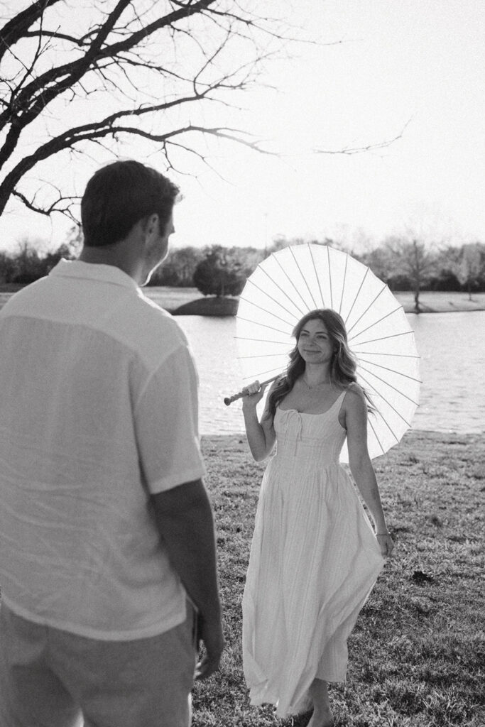 newly engaged couple looking at each other during their photoshoot