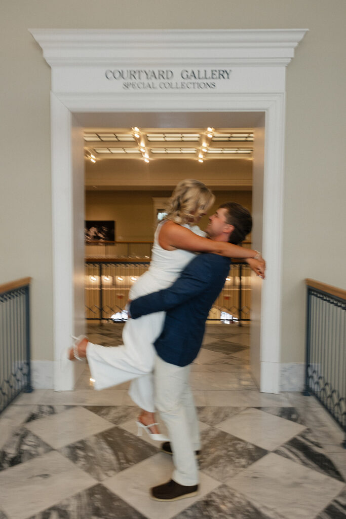 happy couple dancing during their engagement session