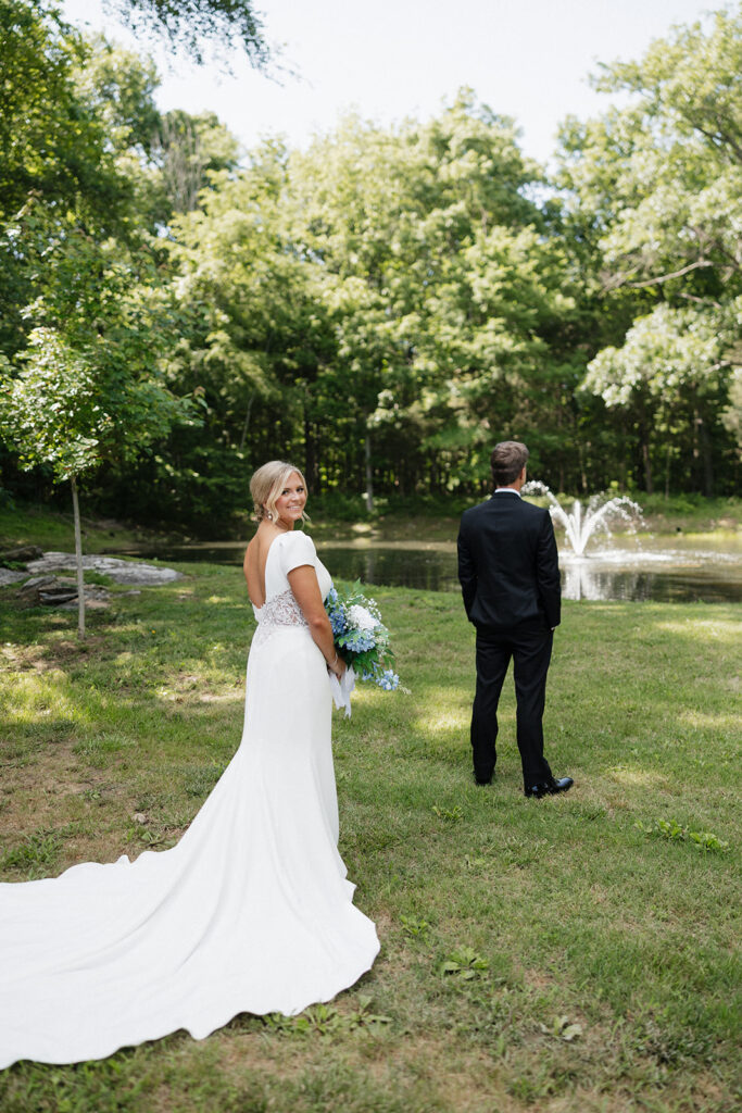 cute first look between the bride and groom